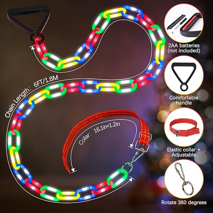 Joomer 6FT Light-Up Dog Leash for Night Walking, 60 LED Battery Operated Dog Chain Lights with 8 Modes & Timer, Glow Leashes with Secure Handle for Small to Large Pets (Multicolor)
