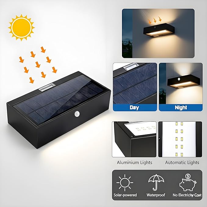 Solar Wall Lights Outdoor, 3 Mode Motion Sensor Dusk to Dawn Solar Outdoor Sconce Waterproof, Remote, Aluminum & Glass, for Outside House Porch, 4400 mAh