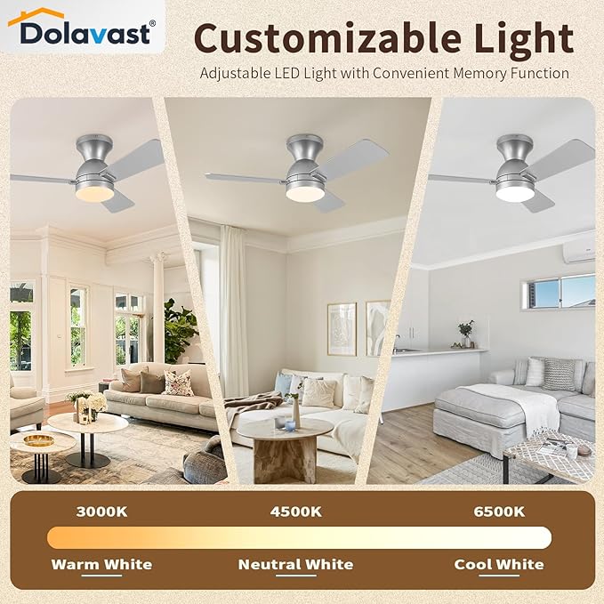 Ceiling Fans with Lights and Remote, 36 Inch Ceiling Fan with Light, Low Profile, Reversible, Dimmable LED, Flush Mount, Quiet, DC Motor, Nickel Ceiling Fan for Bedroom, Kitchen, Dining Room