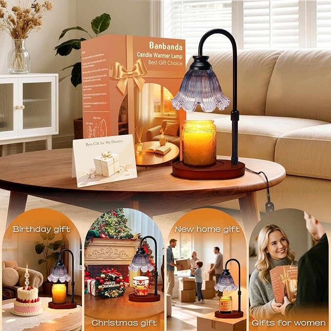 Candle Warmer Lamp with Timer: Birthday Gifts for Women, House Warming Gifts New Home Decor – Height Adjustable Candle Lamp for Mom, Anniversary - Walnut Solid Wood Base, with 2 Bulbs