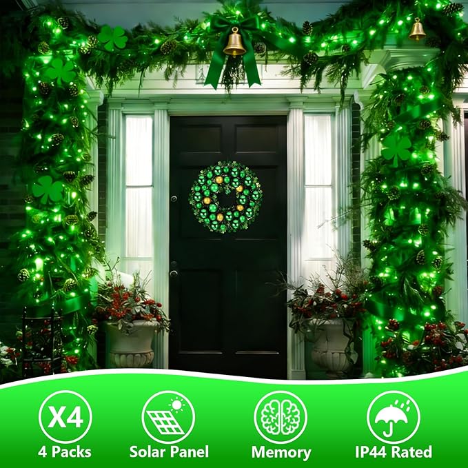 YEGUO 4 Pack Green Solar Fairy Lights, Each 33ft 100 LED Christmas Lights Outdoor Waterproof, 8 Modes Sliver Wire Solar String Lights