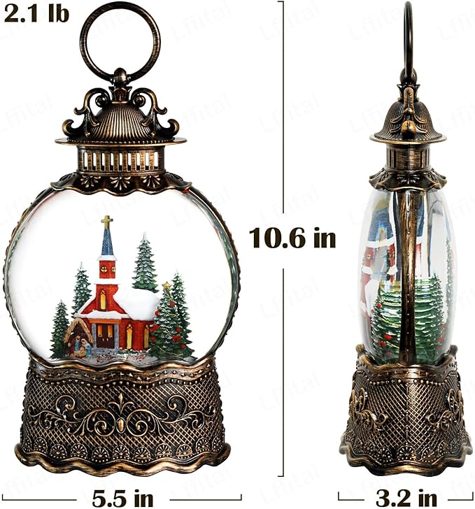 Christmas Snow Globes Church Snow Globe Lantern, Lighted Christmas Decorations Indoor for Home with Music Timer Glitter, Nativity Musical Festival Gifts, USB & Battery Operated 10.6 inch