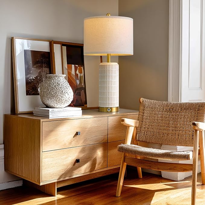 PoKat Touch Bedside Table Lamps with USB Ports for Bedroom, 25'' Dimmable Nightstand Touch Lamps for Living Room, Modern Ceramic Lamps for Night Stands Bedroom, Office, Nursery, White and Beige