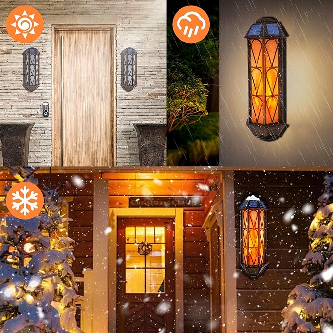 Solar Flame Wall Sconce Lights Outdoor, 74 LED Flickering Flame Sconces, Solar Powered Auto On/Off, Waterproof Wall Lanterns for House Garage Doorway Garden Porch Patio Yard Decoration (2 Pack)