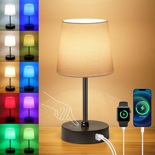 Ascher Small Bedside Table lamp, RGB Color Changing Lamps, 3 Color Temperatures, Dimmable Nightstand Lamp with USB C+A Ports, Touch Desk Lamp for Bedroom Living Room, H11.4in(White Shade)
