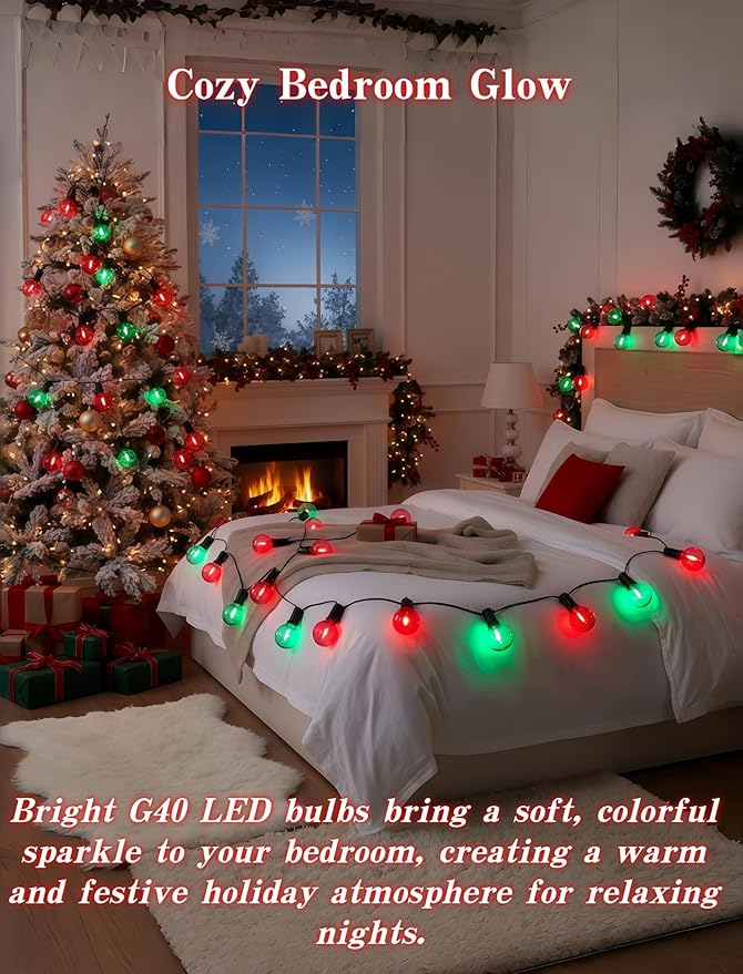 25 Pack G40 Red & Green LED Globe Replacement Bulbs, Dimmable E12 Screw Base Shatterproof Small Globe Light Bulbs for Outdoor String Lights and Indoor Outdoor Christmas String Lights & Patio Decor