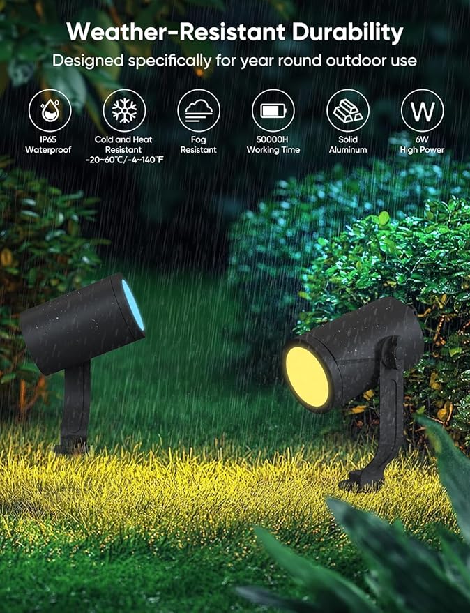 APPECK Smart Outdoor Spot Light 600lm, RGBCW+IC Color Changing Landscape Lights 2 Pack, IP65 Waterproof Low Voltage Landscape Lighting, App/Voice Control for Garden Pathway Yard Halloween Decor