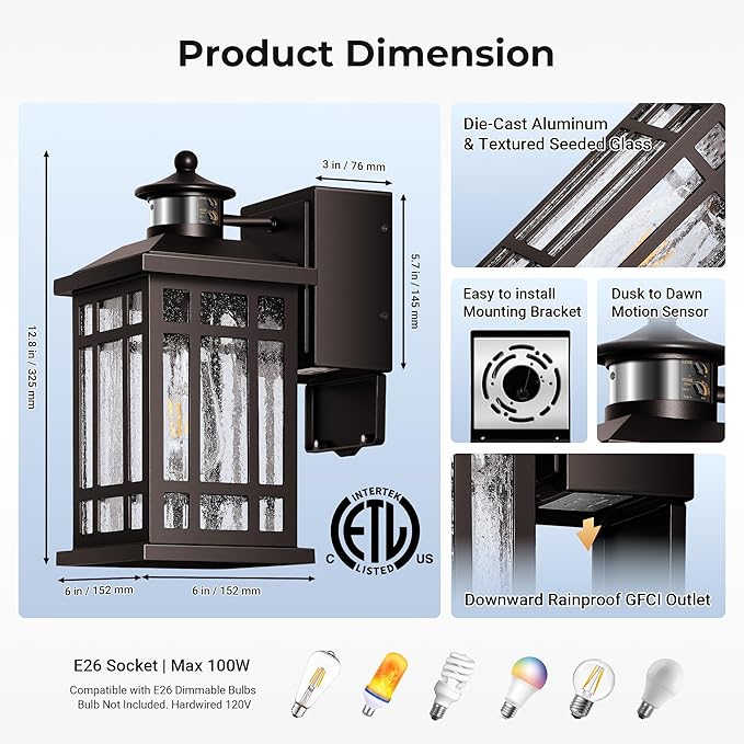 Outside Wall Lighting for House with GFCI Outlet, Oil-Rubbed Bronze Motion Sensor Outdoor Lights with Bubble Glass, Outdoor Sconce Light Wall Lantern, Exterior Garage Lights for Coach, Doorway