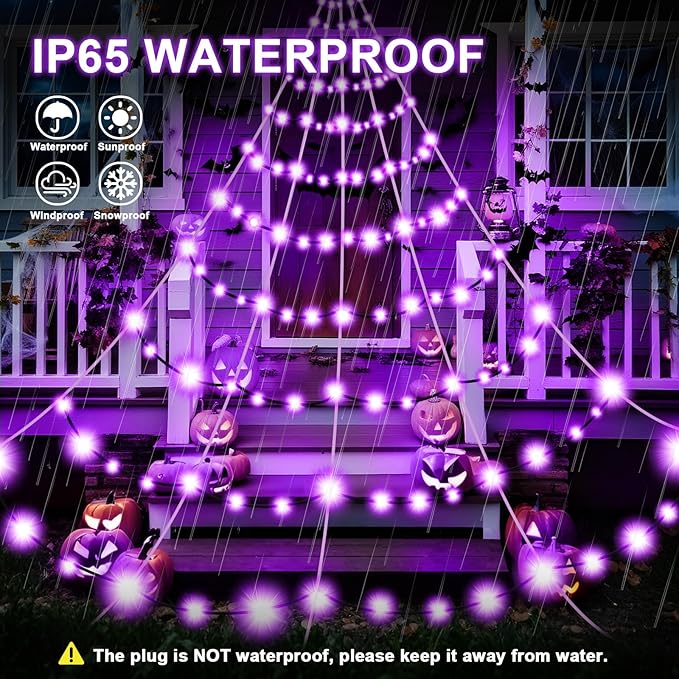 Halloween Spider Webs Decorations Outdoor Lights, 19.7*14.8FT Giant Spider Web with 250LED Purple Lights, Halloween Light up Triangular Black Spider Web with 8 Modes&Spider for Yard Home Parties Decor
