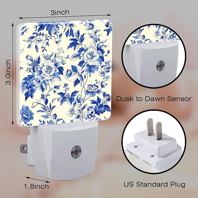 Vintage Blue Flowers Night Light for Kids, Dusk-to-Dawn Auto Sensor Plug in Night Light, 0.5W Energy Saving Non-Toxic Design for Bedroom/Bathroom, Ideal Gifts for Women, Men & Kids