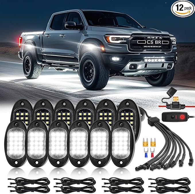 12 Pods Pure White LED Rock Lights with Extension Wires, 6500K Super Bright White Underglow Kit for Truck Trailer Offroad Pickup SXS UTV, IP67 Waterproof Under Trailer Lighting