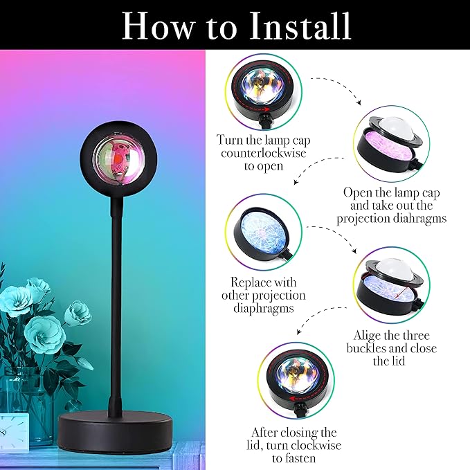 High Speed Sunset Lamp Projector – LED Lights Projector in Sunset, Red Sunset and Rainbow – Adjustable Sunset Projection Lamp with Integrated LED Chip – Professional and Amateur Photoshoots (Rainbow)