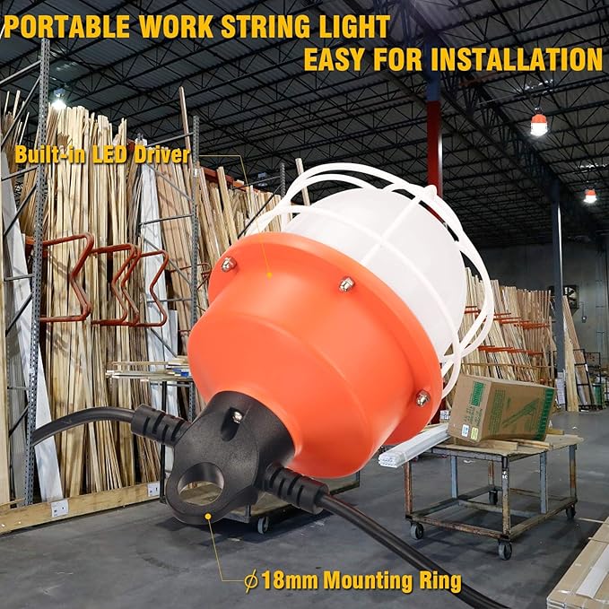 dephen 100W LED Construction String Lights, 50ft Linkable Worklight, 14000Lm Portable Outdoor Lamps, Plug in Temporary Lighting for Job Site, Workshop, Garage, Warehouse UL-Listed