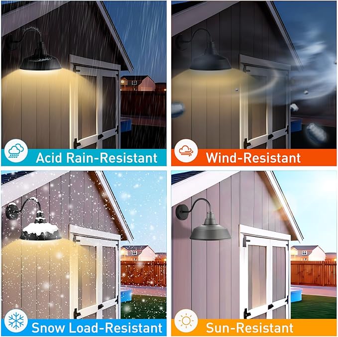12.4" Barn Light Outdoor Lighting Wall Mount, Farmhouse Outdoor Wall Sconce Vintage Dome Gooseneck Barn Light for Porch Garage Patio, Waterproof Rustproof, 2-Pack