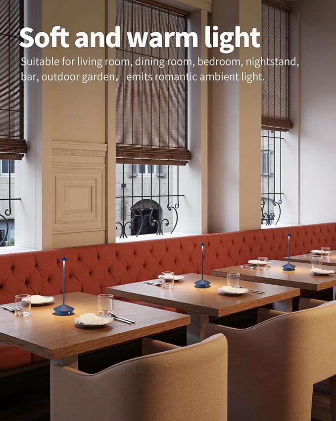 Modern Cordless Table Lamp Set of 2, Portable LED Desk Lamps, 4000mAh Rechargeable Battery Operated Lighting for Bedroom Dining Room Restaurant Coffee Shop Outdoor Camping Night Light (Blue)