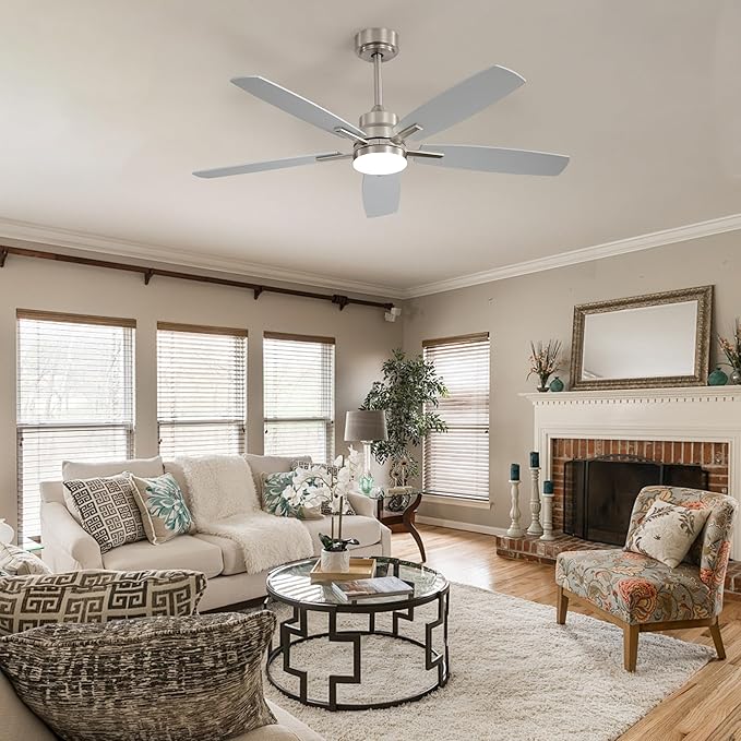52" Remote Control Ceiling Fan with Light – 6-Speed Quiet DC Motor, Dimmable 3-Color LED, Flush Mount for Bedroom, Living Room, Dining Room,NICKEL