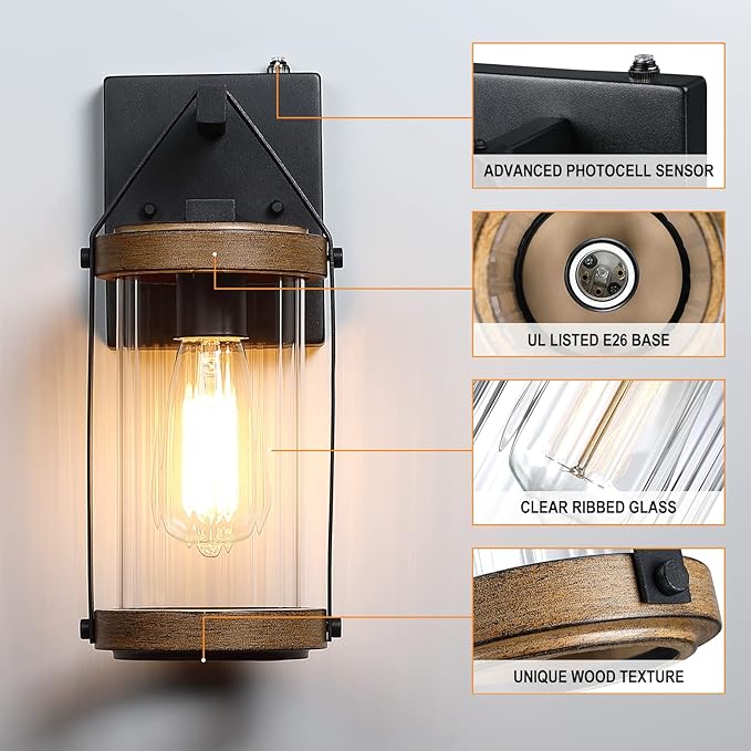 LONEDRUID 2 Pack Dusk to Dawn Outdoor Wall Light Fixtures Photocell Sensor Exterior Lantern Sconce Lighting Waterproof Outside Wall Mount Lamp for House Patio Garage Entryway Doorway