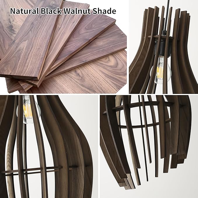Vintage Wood Pendant Light Fixtures, Modern Farmhouse Walnut Dining Room Chandelier, Mid-Century Ceiling Mount Hanging Light Fixture for Kitchen, Bedroom, Living Room, Foyer, Art Decor, Black