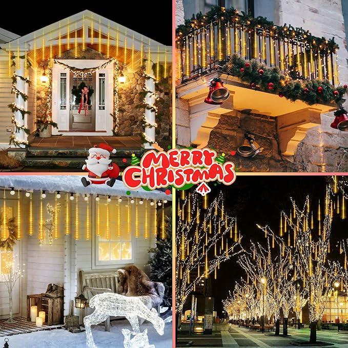 KNONEW Christmas Lights Outdoor, 15 inch 24 Tubes 672 LED Meteor Shower Lights Plug in Waterproof Falling Rain Light for Xmas Tree Wedding Party Garden Holiday Rooftop Decorations (Warm White)