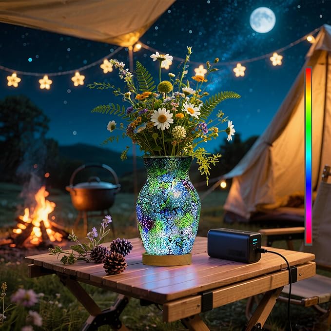 8-Inch Handcrafted Mosaic Cracked-Ice Vase Bedside Lamp with USB-Powered LED Wooden Base,Single-Switch Auto-Cycle RGB Mood Light, Purple-Green Vase USB Night Light for Party,Camping Decor