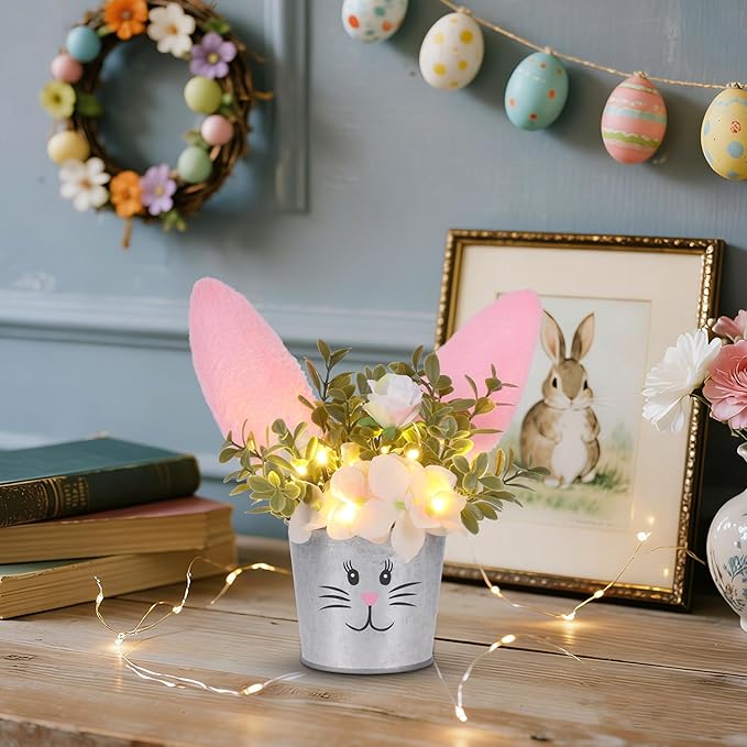 Prsildan Easter Table Decorations Artificial Flower with Bunny Ear, Lighted Desk Decor Bunny Flowers, Easter Tabletop Decorations for Home Table Mantle Office Spring Party