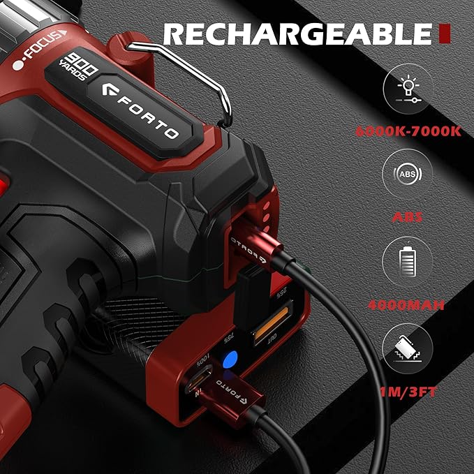 FORTO Compact Rechargeable Spotlight with Adjustable Focus, Handheld Spot Light with Stand, 823m Range, 3 Light Modes and LED Spot Lights Outdoor for Boating Hunting Camping Hiking