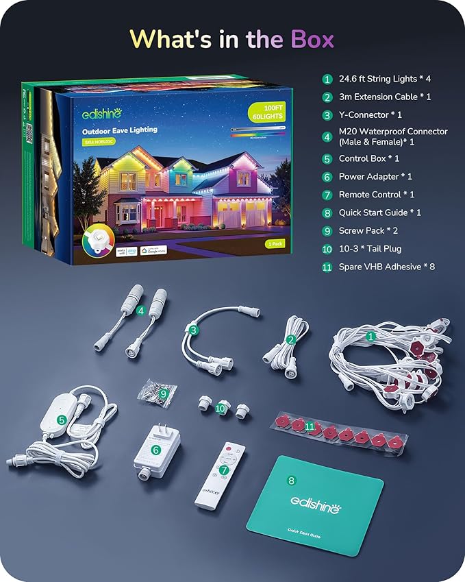EDISHINE Permanent Outdoor Christmas Lights Pro, 100ft 60 LED Smart RGB+IC+Warm White Cuttable Eave Light, App/Remote, 111 Scene Modes, IP67 Waterproof for House Daily Decor, Alexa Google Enable