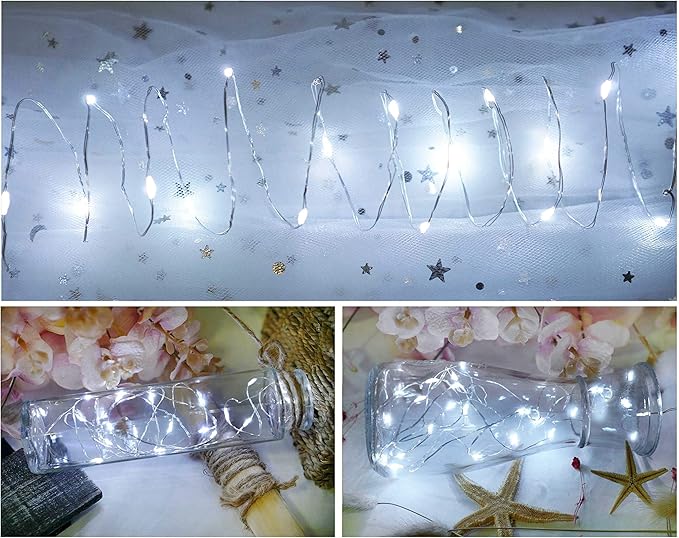 8 Pack 60 LED Fairy Lights with Timer, 7 Modes Battery Operated String Lights (Excluded Battery), Waterproof Wire Lights for Wedding Party Mason Jar Christmas Decoration (Cold White)
