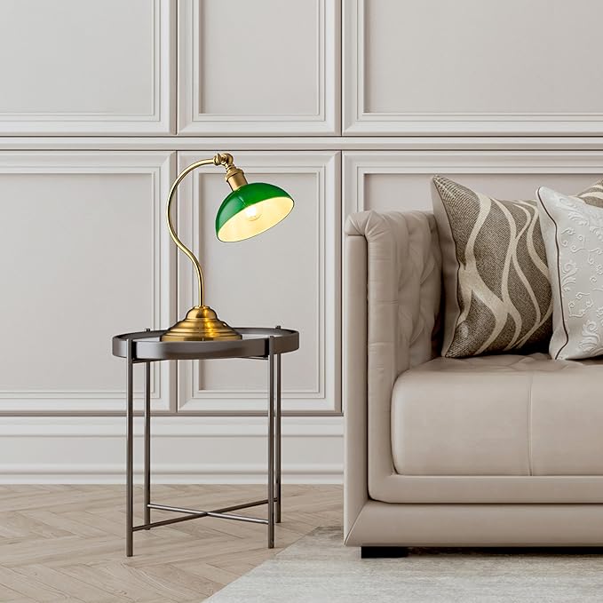 O'Bright Bankers - Cordless LED Table Lamp, Battery-Operated, Rechargeable, 3-Level Dimming, Universal USB-C Charging, 180° Swivel Head, Classic Green Glass Shade, Antique Brass