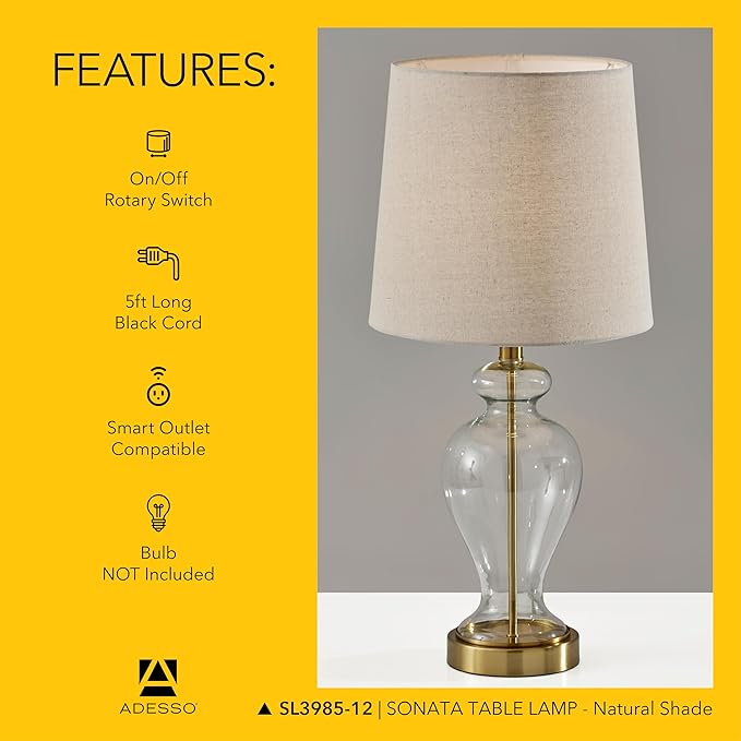Adesso Table Lamp with Glass Base, Brass Accents, and Tan Textured Lampshade – Bedside Table, Home Office Lighting, or Living Room Decor, 26” x 12”