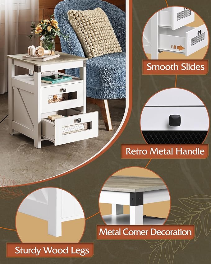 WLIVE Nightstand with Charging Station, Farmhouse End Table, Bed Side Table with 2 Storage Drawers and Open Shelf, Wood Rustic Nightstands for Bedroom, Living Room, White and Greige