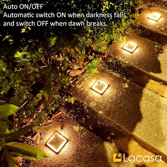 Lacasa Solar Deck Lights, 4 Pack Warm White Outdoor In-Ground Driveway Walkway Dock, IP68 Waterproof Solar Powered Stair Step Pathway Fence Auto On/Off LED for Garden Yard Patio