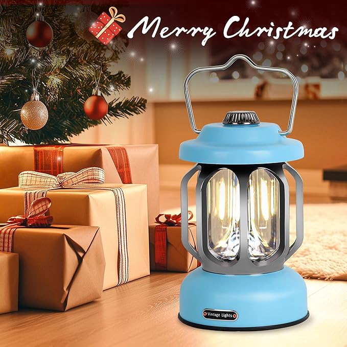 Rechargeable LED Camping Lanterns, Vintage Camping Lights Battery Operated, Portable Retro Metal Glamping Lights for Hiking, Hurricane, Decoration, Power outages, Blue, 1 Pack