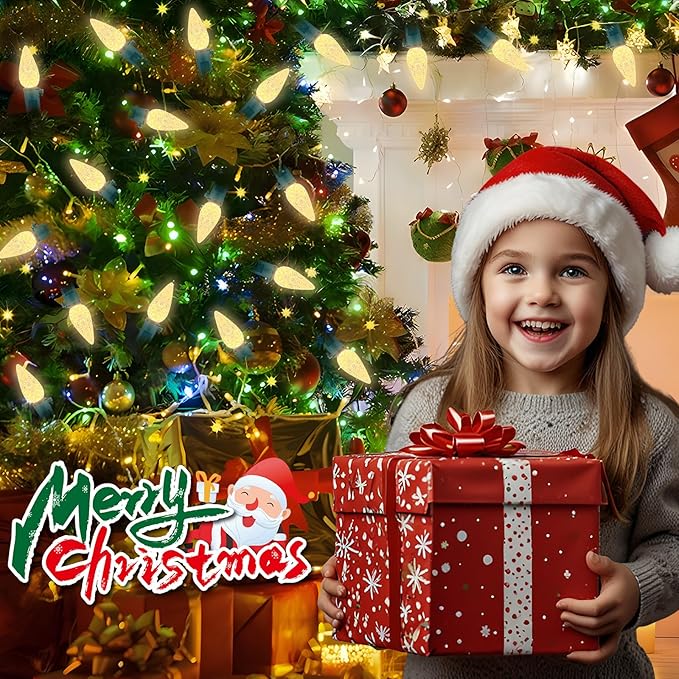 2 Pack 100LED C6 Christmas Lights Battery Operated, 16.4FT C6 Christmas Lights Battery Powered with Timer, 8 Modes, Waterproof for Outdoor Garden Patio Indoor Xmas Tree Bedroom Party Warm White