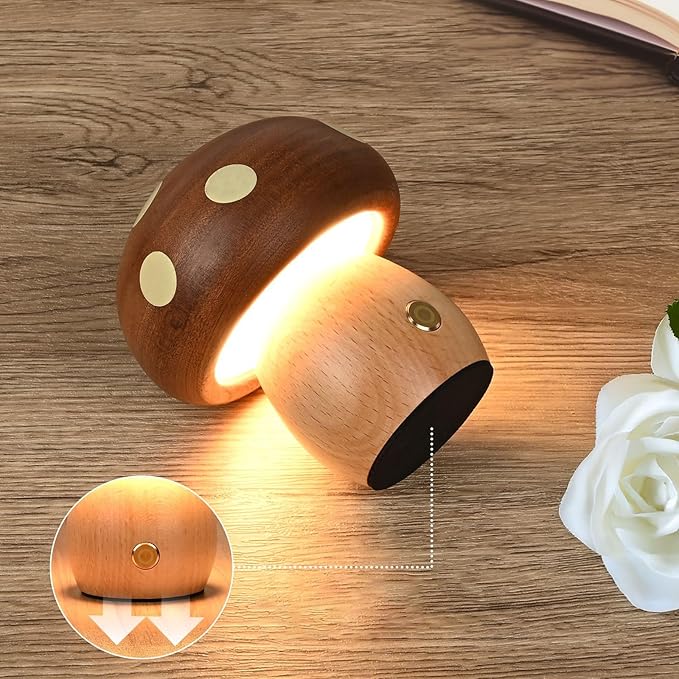 Wooden Mushroom Lamp - Rechargeable Touch Mushroom Light, Aesthetic Bedside Night Light Nature Decor Creative Gifts (Ebony + Beech)