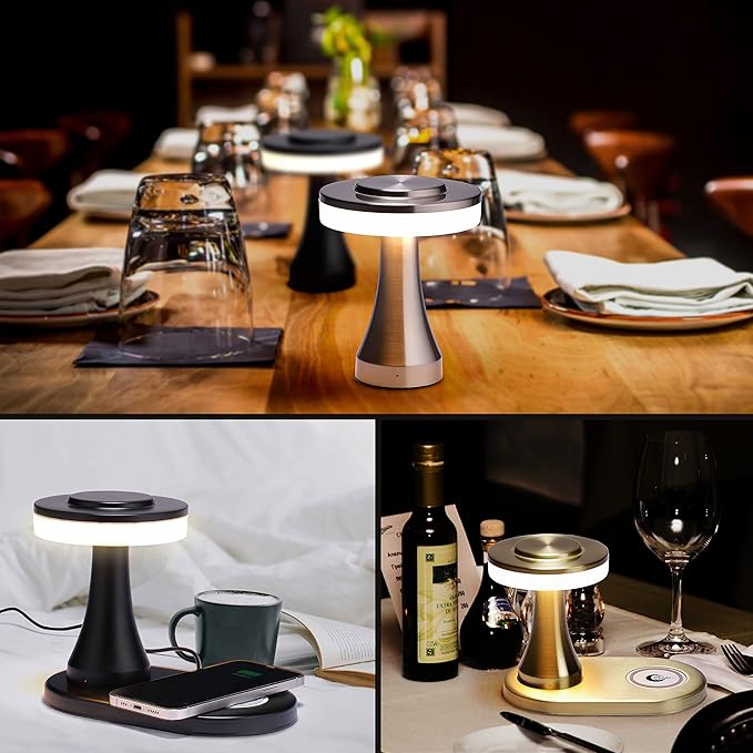 O’Bright - Portable LED Table Lamp with Wireless Charging Pad, Dimmable and Rechargeable Night Lamp, Ambient Light for Patio/Restaurant/Nursery, Bedside Nightstand Lamp, Gold