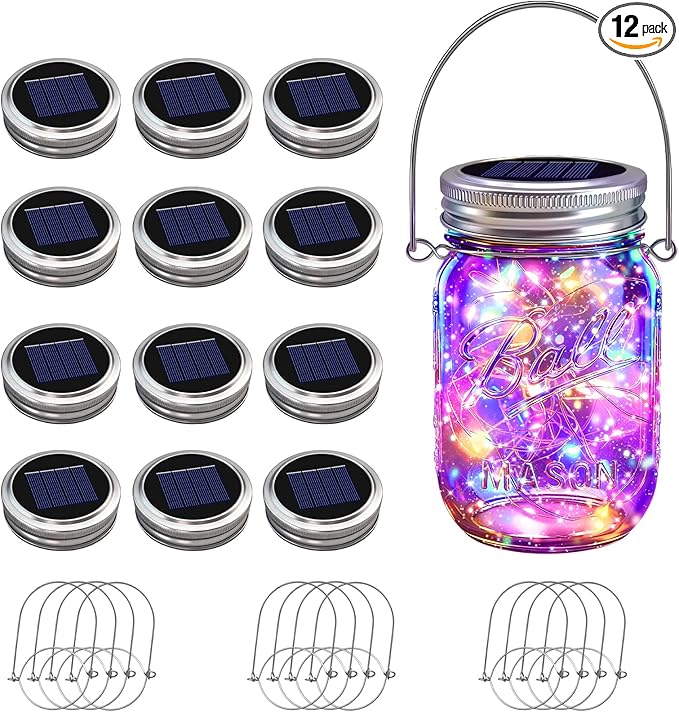 VOOKRY 12 Pack Solar Mason Jar Lights, 30 LED Mason Jar Lids Waterproof Firefly Fairy String Lights with 12 Hangers(No Jars), for Outdoor Patio Garden Yard Lawn Party Wedding Decoration - Multicolor