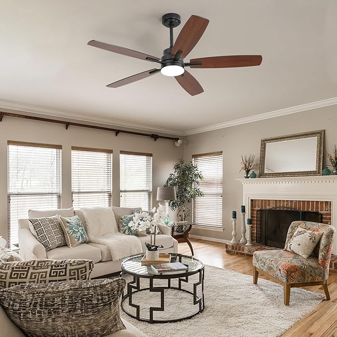52" Remote Control Ceiling Fan with Light – 6-Speed Quiet DC Motor, Dimmable 3-Color LED, Flush Mount for Bedroom, Living Room, Dining Room,BLACK