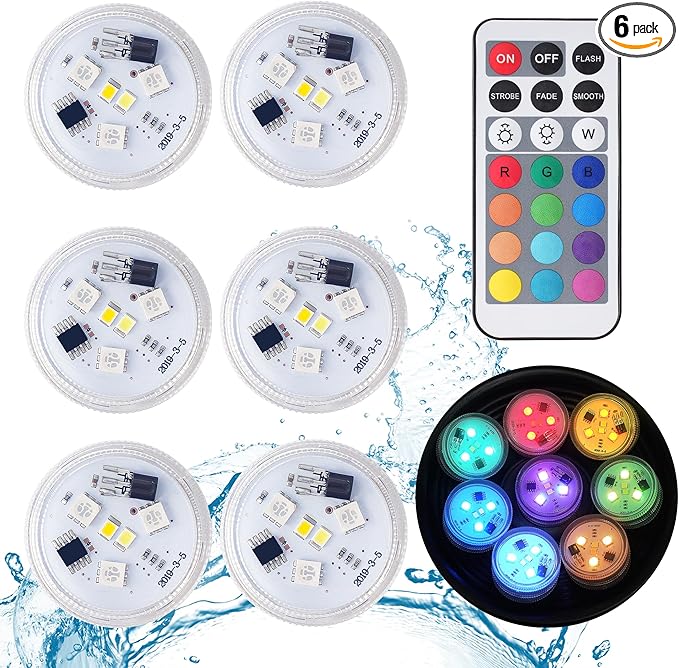 ALED LIGHT Submersible Led Lights with Remote,6 PCS Mini RGBW Pool Light,Waterproof Pond Tea Light,Underwater Lights,Suitable for Vases, Fish Tanks, Hot Tubs, Parties,Wedding,Halloween,Christmas Decor