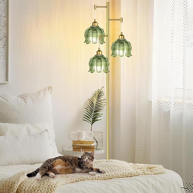 Vintage Floor Lamps for Living Room Bedroom-3 Light Glass Floor Lamp with Three Led Bulb, Modern Mid Century Standing Lamp Brass Tall Lamp Gold Tree Floor Lamp for Bedroom Corner