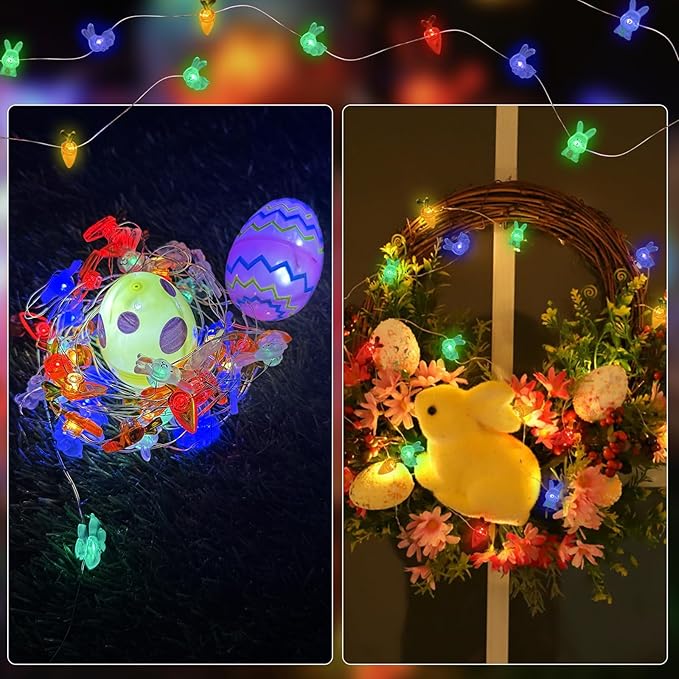 pozzolanas Led Fairy Lights Battery Operated Mini String Lights 1P 16FT Bunny Carrot String Lights 50LED IP65 Spring Rabbit for Easter Basket Eggs Party Seasonal Bedroom Decor