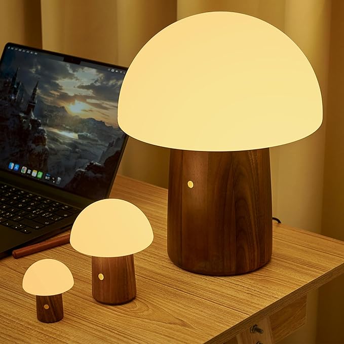 Gingko 7 Colour Changing RGB Alice Mushroom Lamp, Mood Light and Night Lights, Long Life Battery, USB-C Charging, 3 Light Modes, FSC Certified Wood with Frosted ABS Shade (Walnut, Super Mini)