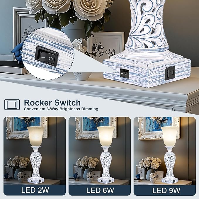 20" Vintage Table Lamp Set of 2 for Living Room, Rustic Farmhouse Bedside Lamps for Bedroom, 3-Way Dimmable Desk Lamps with Nightlight and 2 USB Ports, Traditional Nightstand Lamps with Glass Shade