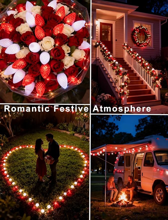 C9 Ultra Bright Solar Christmas Lights 50 LED Red White String Lights Strawberry Flower Design Outdoor Waterproof with 8 Modes for Valentine's Day Wedding Centerpiece Decoration
