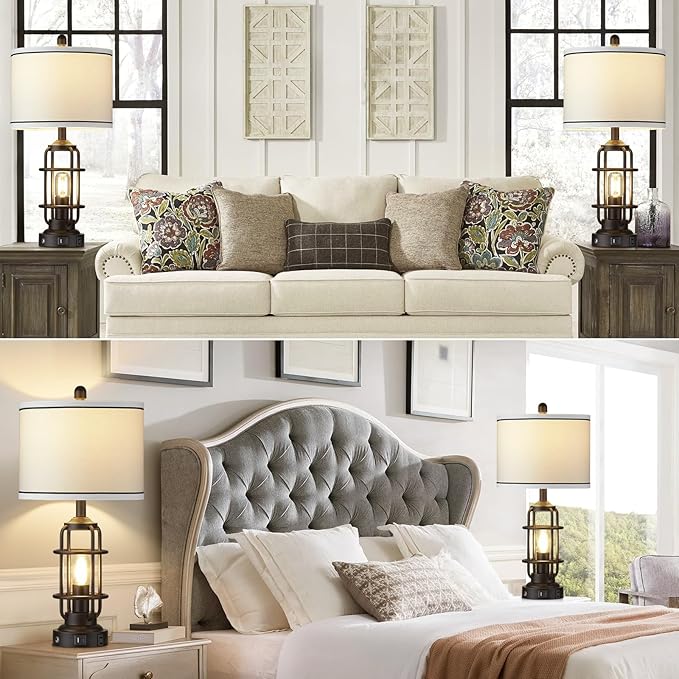 Modern Table Lamps Set of 2, Industrial 3-Way Dimmable Bedside Lamp with USB A+C Ports & AC Outlet, 25" Touch Control Nightstand Lamp LED Night Light for Living Room Bedroom Home(4 Bulbs Included)