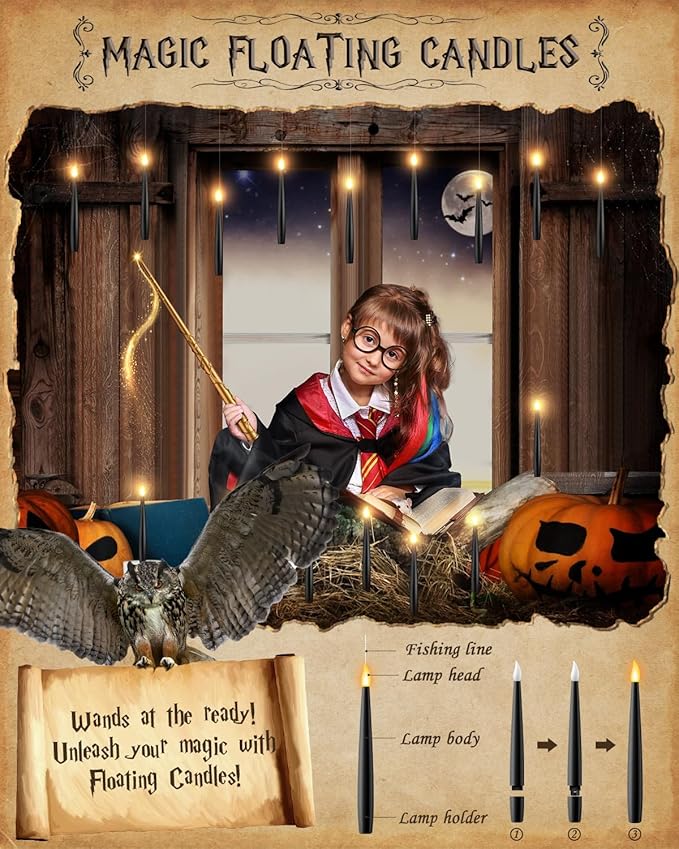 Floating Candles with Wand - 12 Pack Christmas Decorations Black Flameless Candles Flickering Warm Light LED Hanging Candle Remote, Battery Operated Candles for Christmas Outdoor Indoor Party Decor