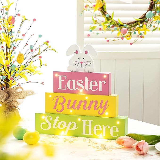 Glitzhome LED Lighted Wooden Easter Block Table Sign Easter Bunny Table Decor with Saying for Spring Easter Party Supplies Props