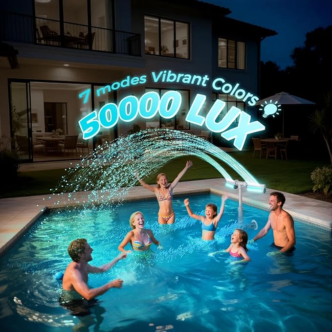 Klleyna Patented Swimming Pool Fountain with Lights - for Above&In-Ground Pools, Pool Waterfall with 7 Color LED Lights, Extend Pipe Water Cooler Sprinkler Sprayer Summer Party Decor (D- Led Lighted)