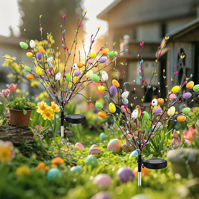 2 Pack Solar Easter Egg Lights Outdoor, 96 LED Waterproof Solar Easter Yard Decorations Outdoor Easters Yard Stakes Lights with 2 Lighting Modes for Outside Lawn Walkway Patio Cemetery Grave
