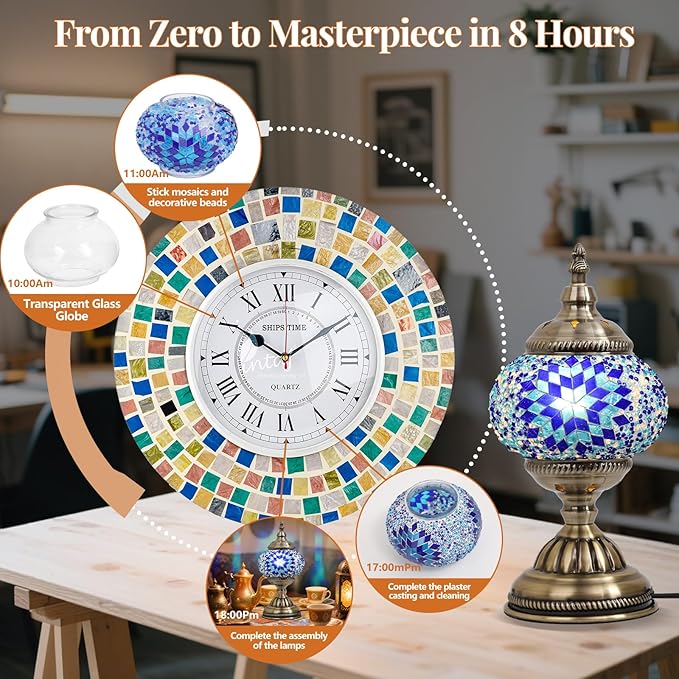 DIY Turkish Mosaic Lamp Kit, Stained Glass Table Lamp Making Kit- Easy and Fun, No Experience Needed, Mosaic Art & Craft Project Kits for Adults & Teens, Make Your Own Table Lamp,Blue